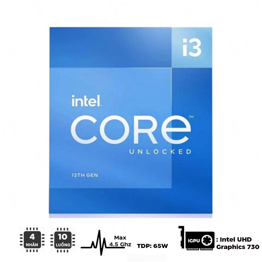 CPU INTEL CORE I3-13100 (UP TO 4.5GHZ, 4 NHÂN 8 LUỒNG, 12MB CACHE, 65W) - SOCKET INTEL LGA 1700/RAPTOR LAKE)