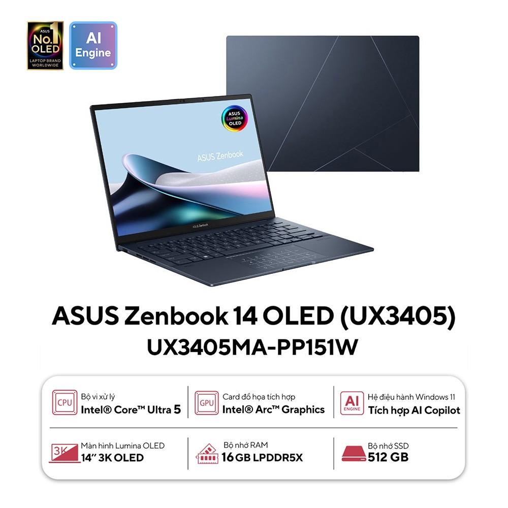 Laptop Asus Zenbook 14 OLED UX3405MA-PP151W (Intel Core Ultra 5 125H | 16GB | 512GB | Intel Arc | 14 inch 3K OLED | Win 11 | Xanh)