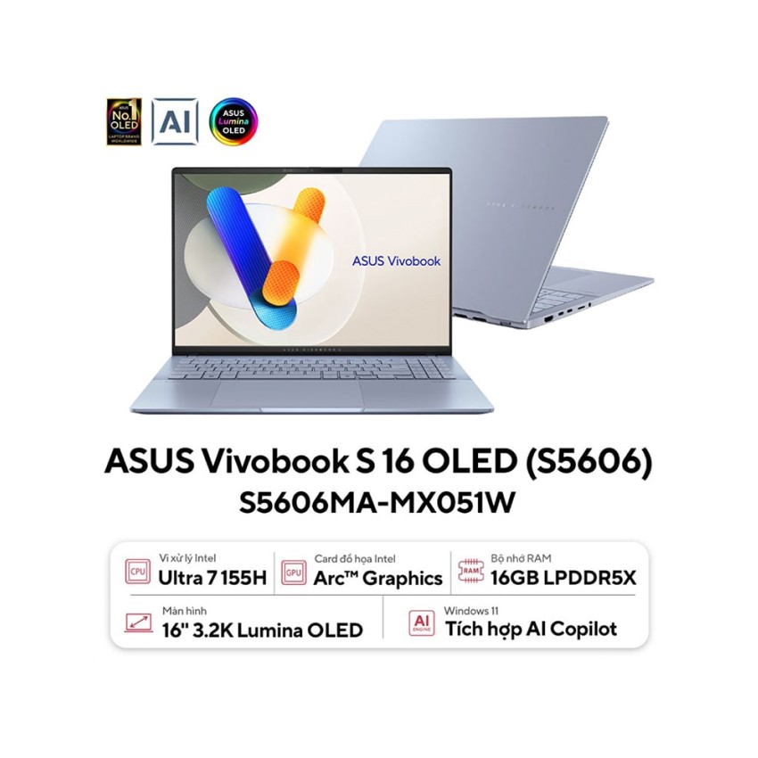 Laptop Asus VivoBook S16 OLED S5606MA-MX051W (Ultra 7 155H/16GB RAM/512GB SSD/16 3.2K/Win11/Xanh)