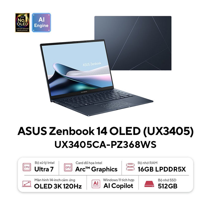 Laptop Asus ZenBook 14 UX3405CA-PZ368WS (Ultra 7 255H/16GB RAM/512GB SSD/14 3K Oled Cảm ứng/Win11/Túi/Xanh)